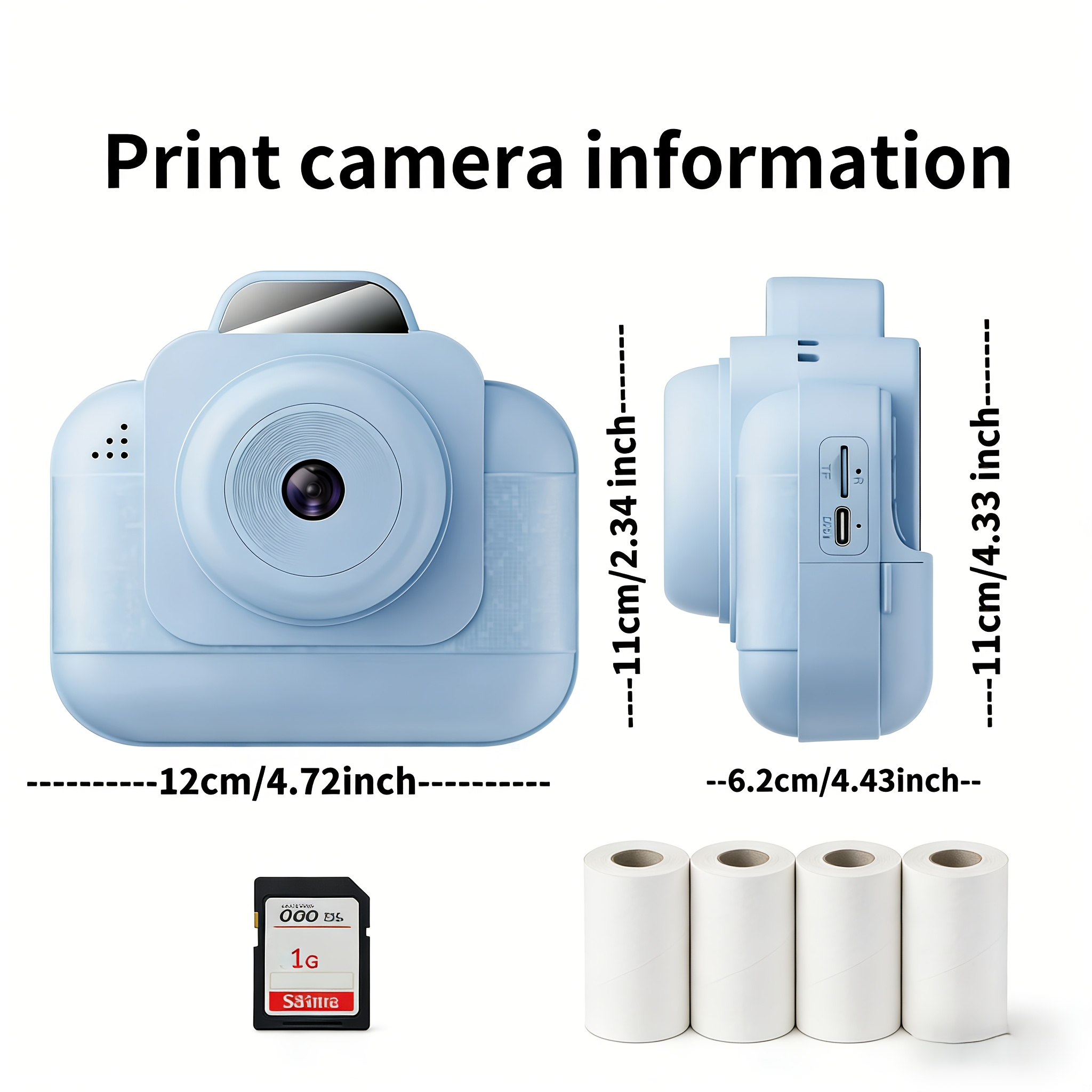 Thermal Printer - ポータブルフォトプリンター（ブルー）充電式バッテリーと4ロールの感熱紙/1gカード付き/インスタント写真印刷